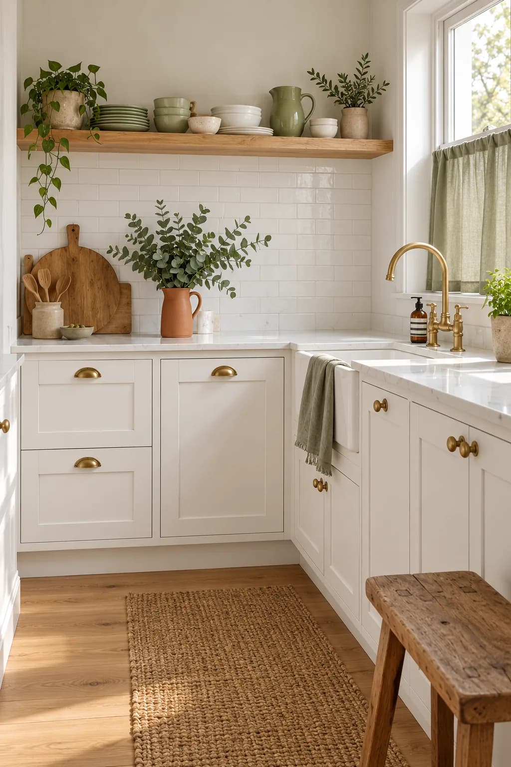 Rental kitchen with white cabinets and one open wooden shelf holding sage and pale green stoneware plates, bowls and a jug mixed with white pieces, a sage linen cafe curtain at the window