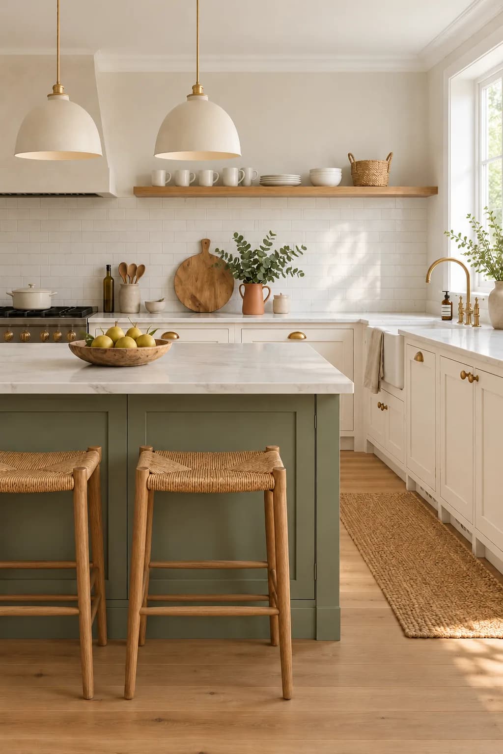 White kitchen with a sage green painted island with a pale counter, two wooden stools with woven seats and two simple cream pendants above, a bowl of pears on the island