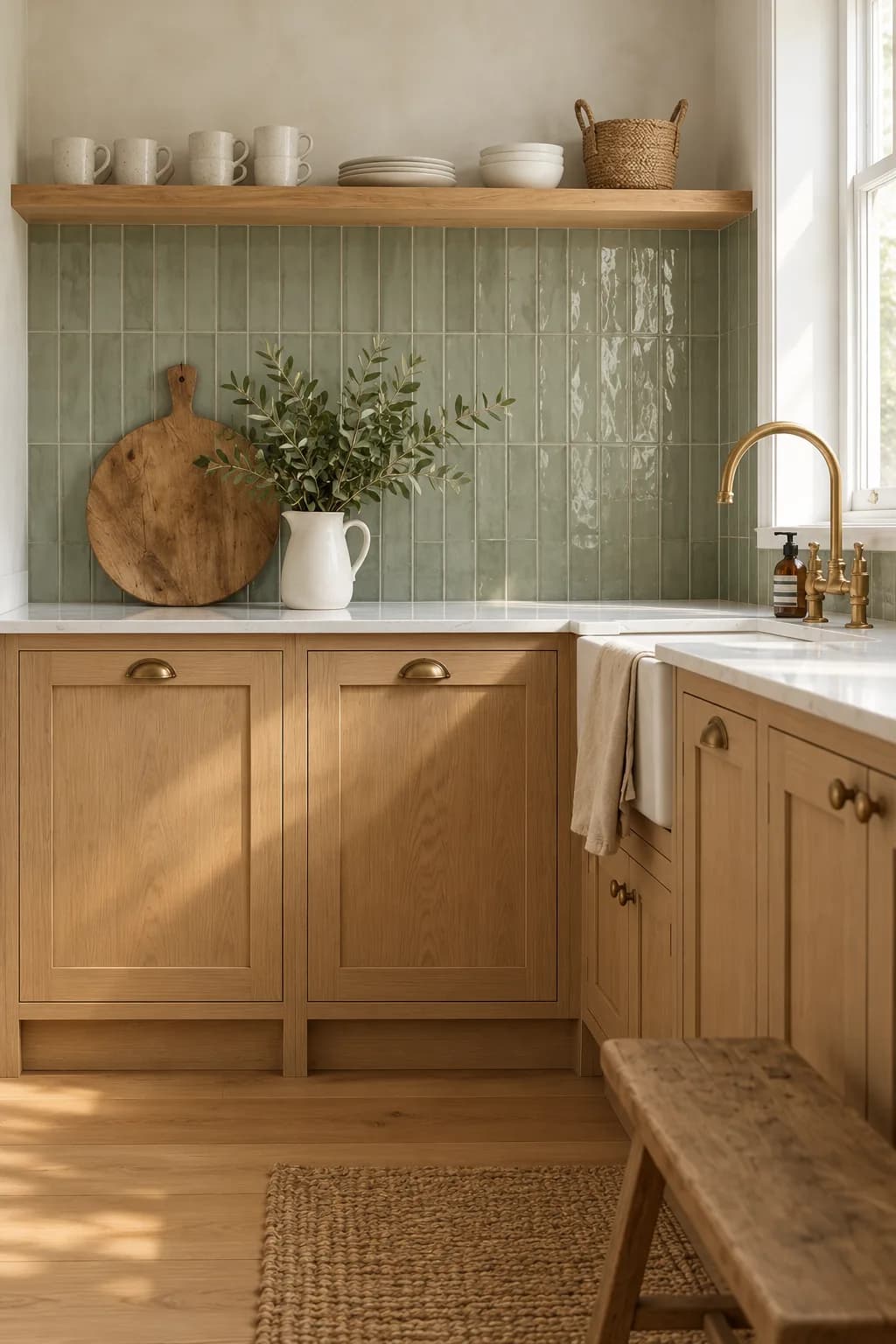 Kitchen backsplash in glossy handmade-look sage green tiles stacked vertically behind a white counter with natural oak cabinets, a wooden cutting board and a white jug