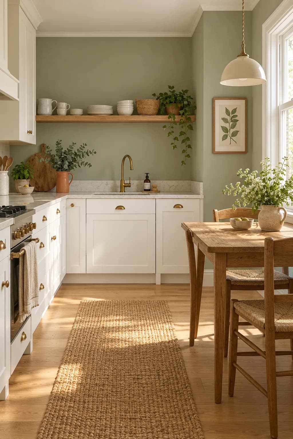Kitchen with plain white cabinets and walls painted soft sage green, a small wooden dining table with two chairs by the window, a cream pendant and a framed botanical print
