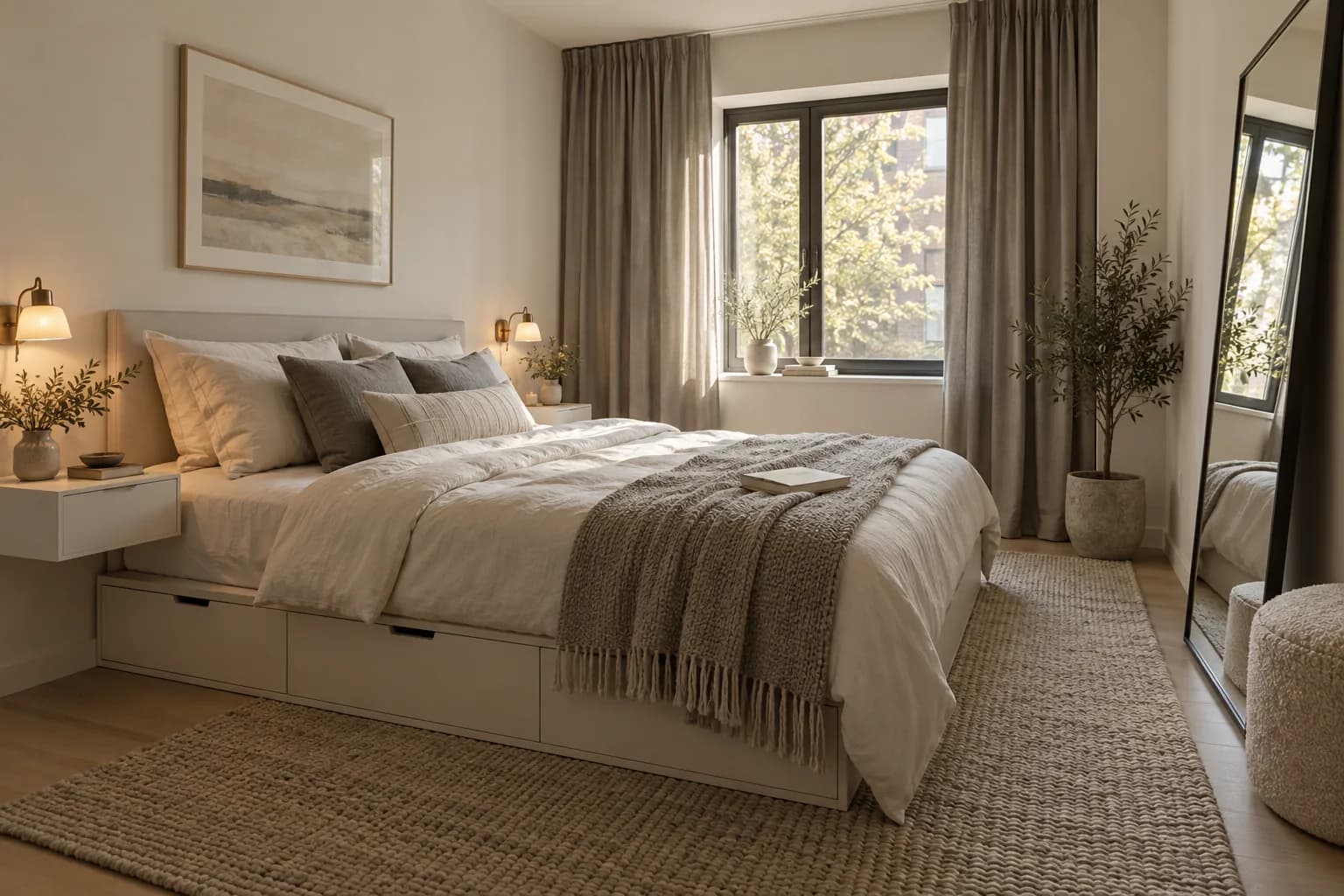 Small neutral bedroom with a platform bed with drawers, wall-mounted nightstands and a full-length mirror