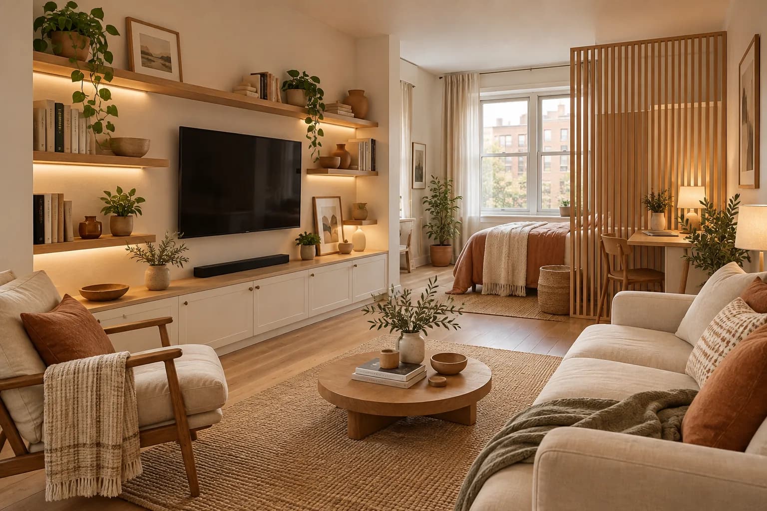 Small living room with floating shelves, a low coffee table and a slatted room divider