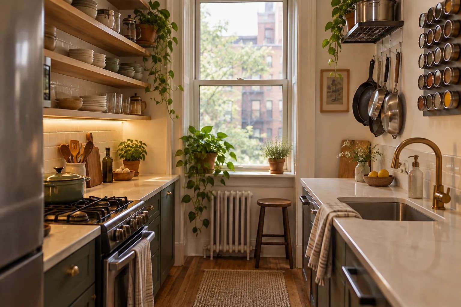 Tiny galley kitchen with open shelving, a magnetic spice rack and hanging pots