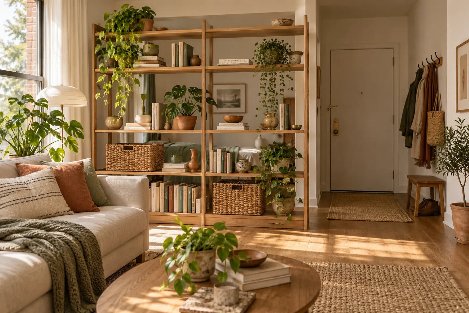 Open shelving unit dividing a studio entry from the living area