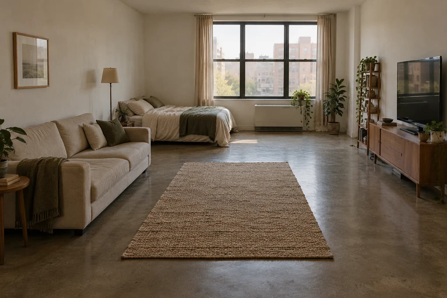 Studio with sofa against the wall and an empty stretch of floor down the middle