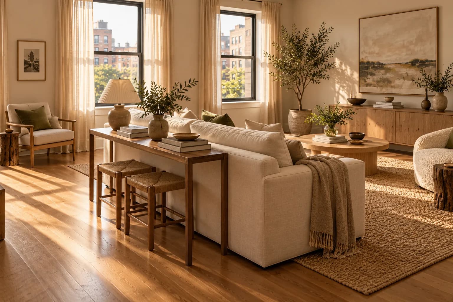 Slim console table behind a floating sofa holding a lamp with two stools tucked in