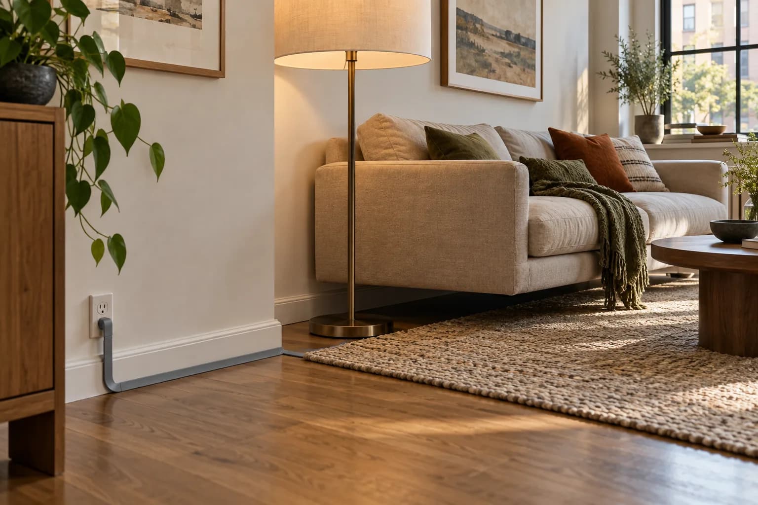 Low floor cord cover running to a floor lamp beside a floating sofa