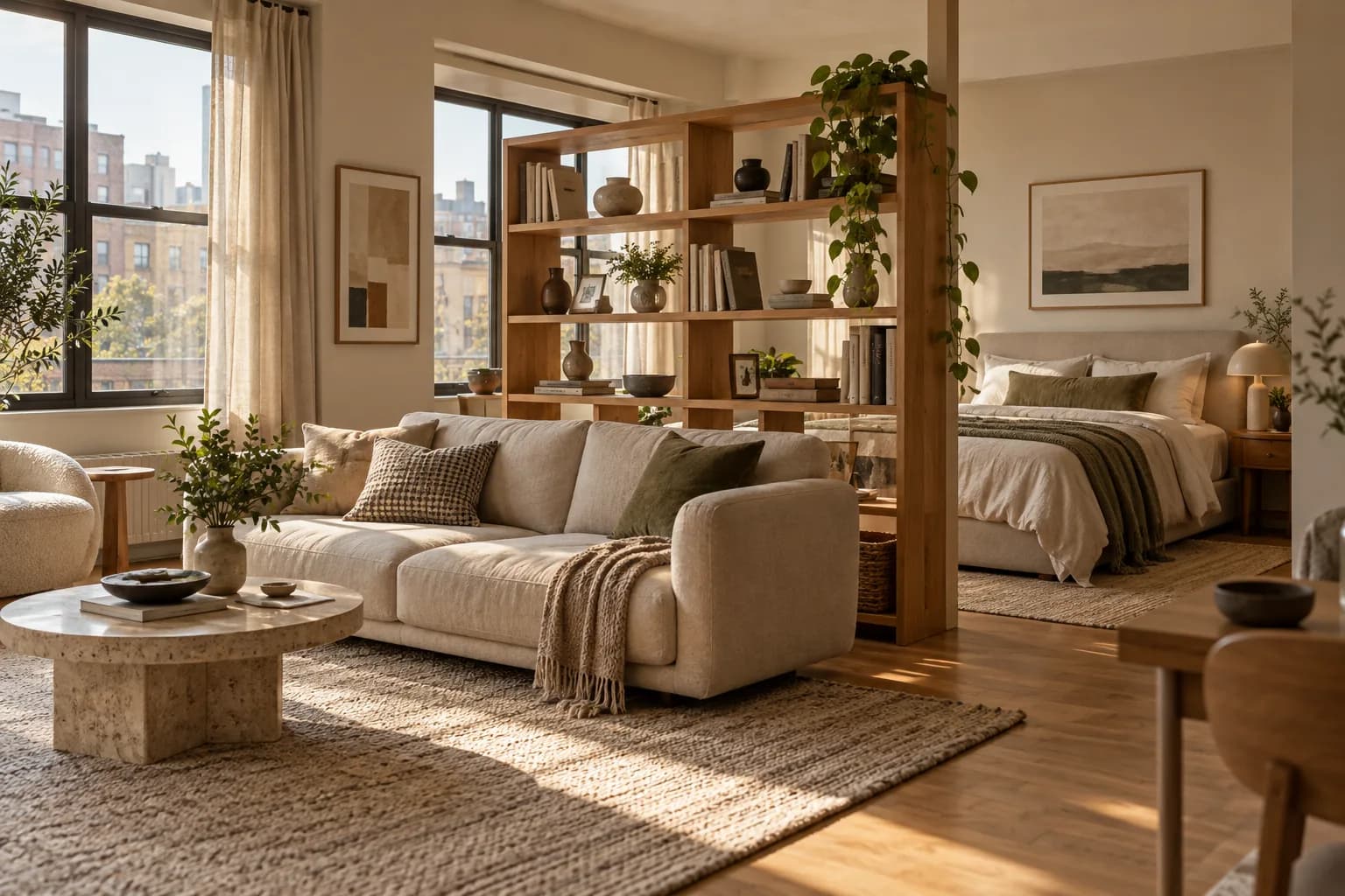 Studio layout with floating sofa and open-back bookshelf separating the bed zone