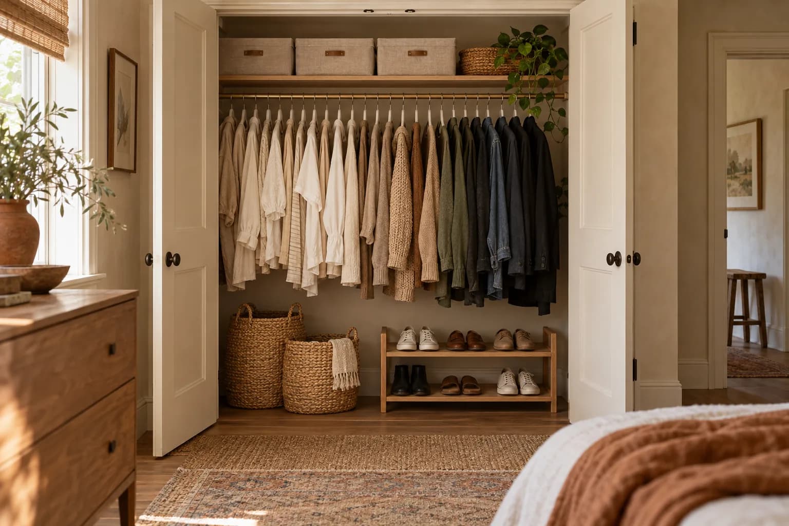 Small reach-in closet organized with matching slim hangers, labeled boxes on the shelf and baskets on the floor