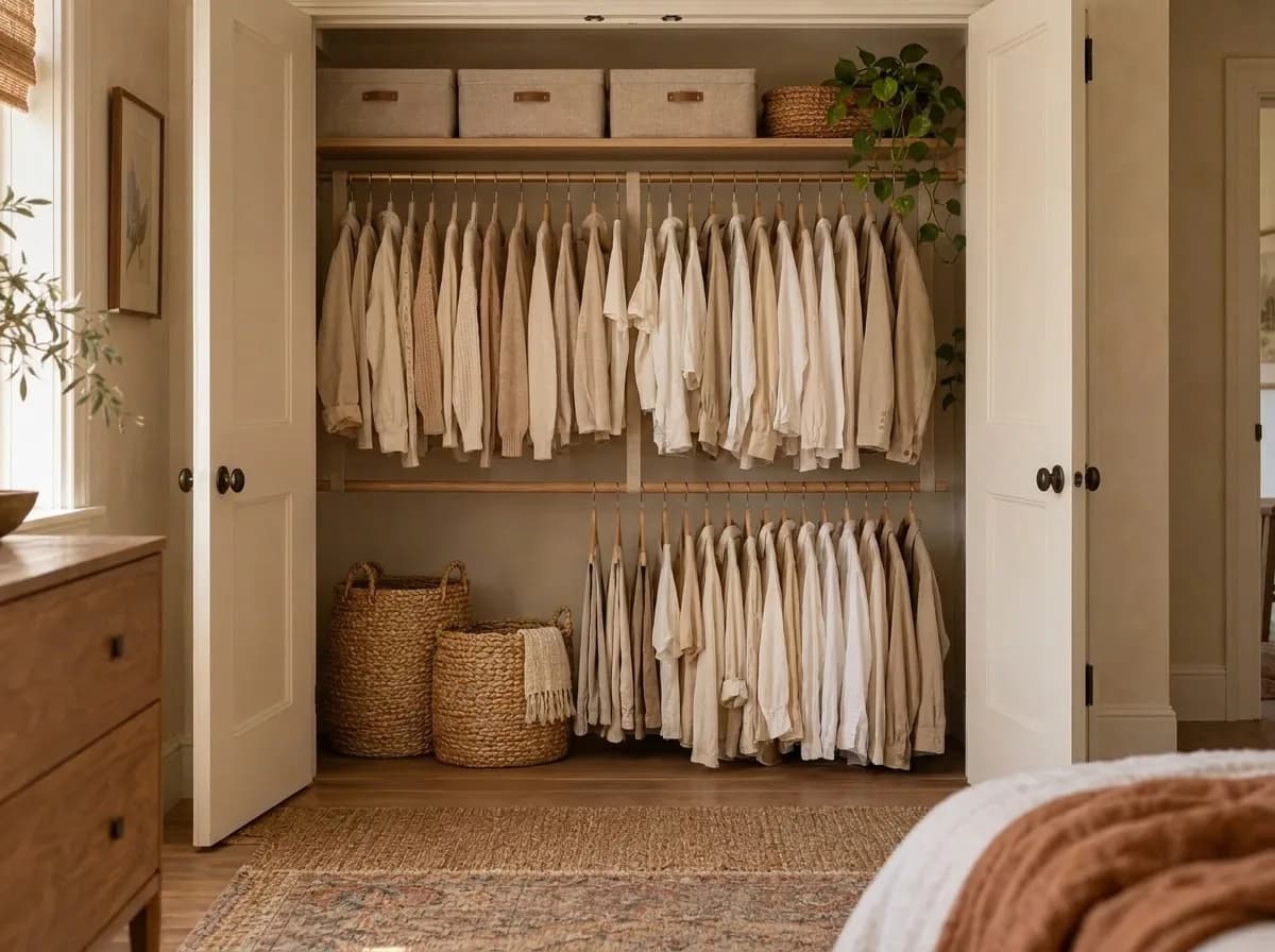 Second hanging rod suspended below the main rod in a small closet holding shirts