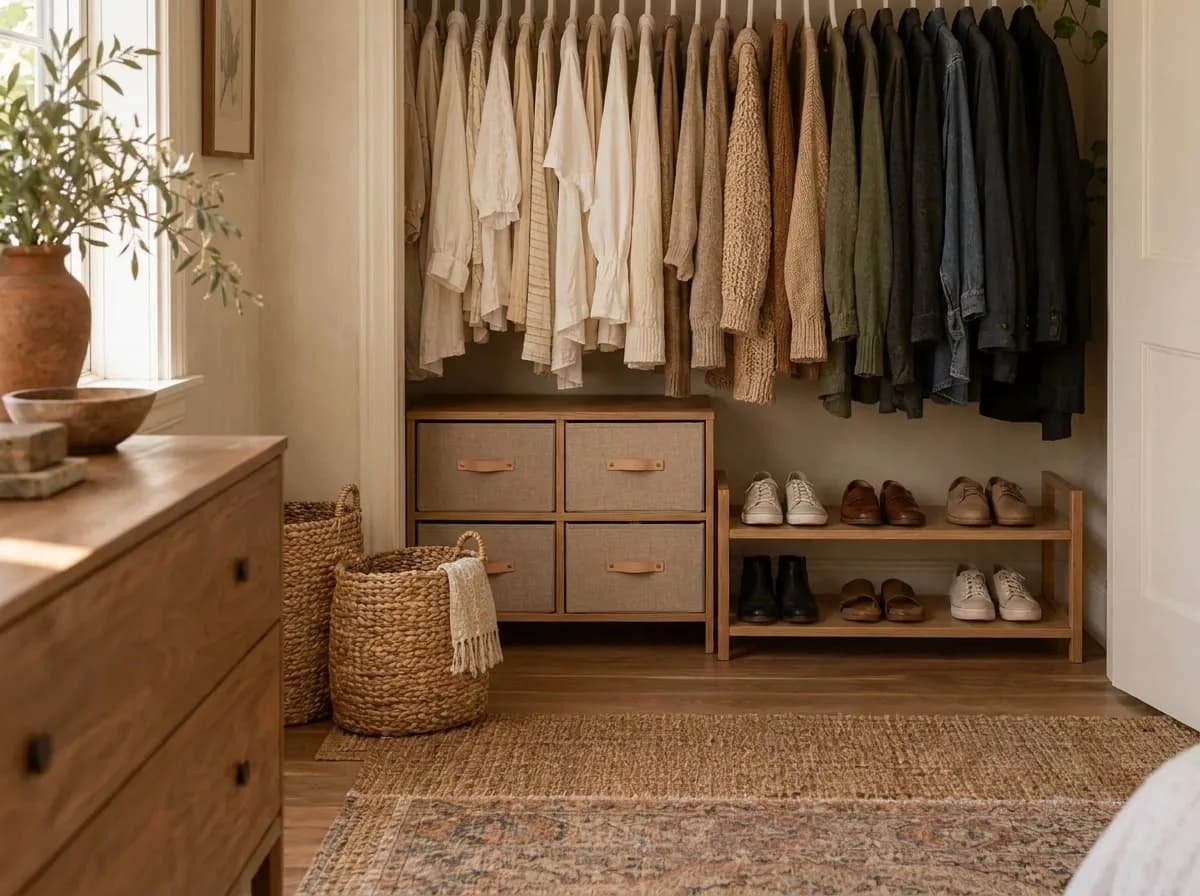 Low fabric drawers and a shoe shelf on a closet floor
