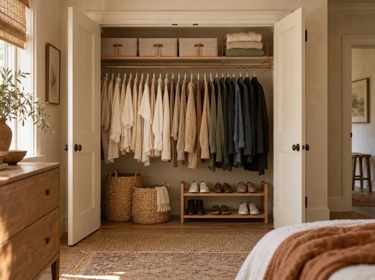 Matching lidded linen storage boxes with labels on a closet shelf above the rod
