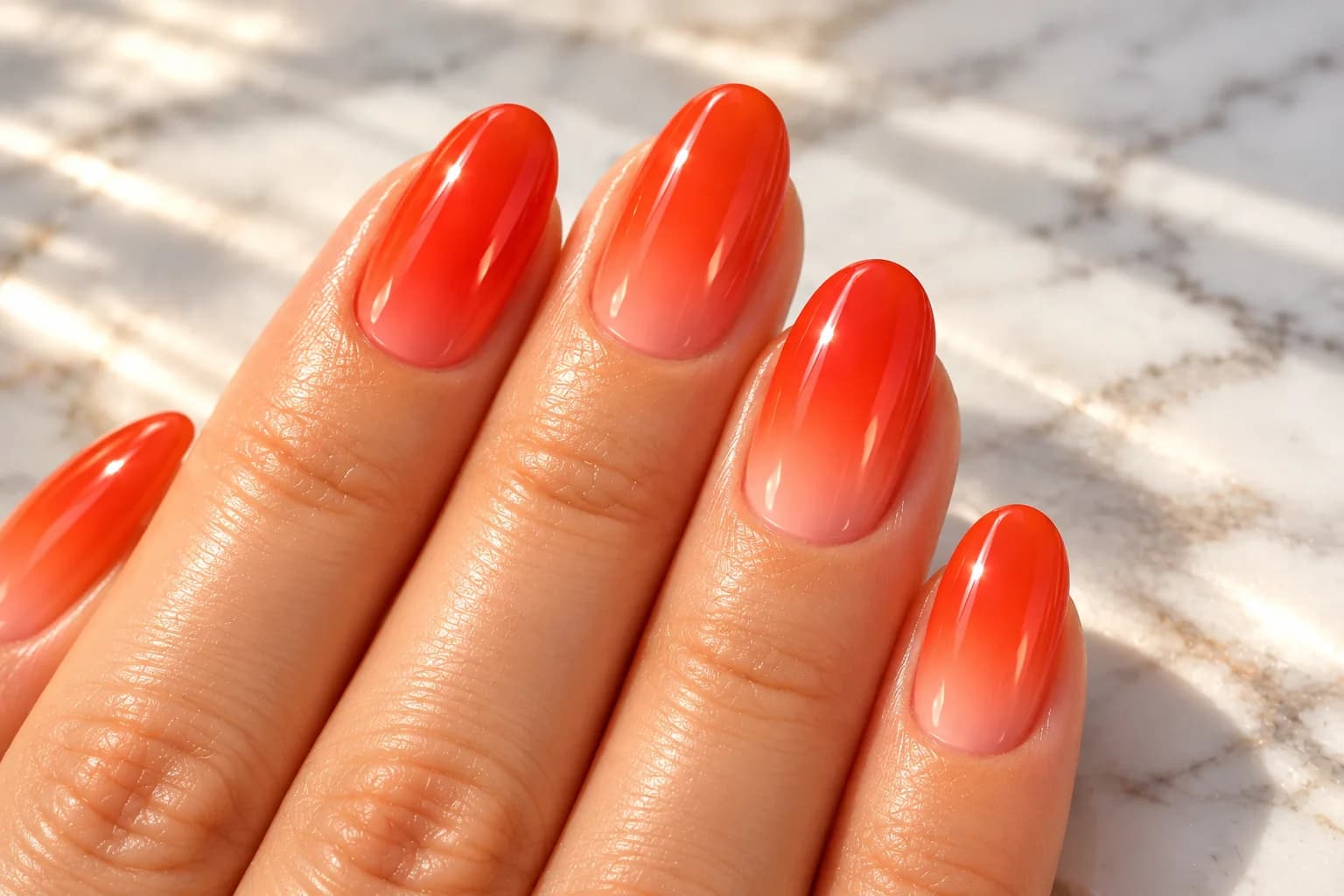 Papaya orange to coral gradient jelly nails on a sunlit marble surface