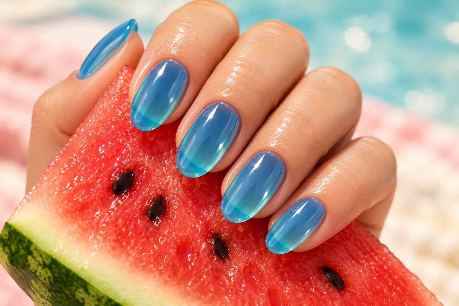 Sheer aqua blue jelly nails held against a slice of watermelon