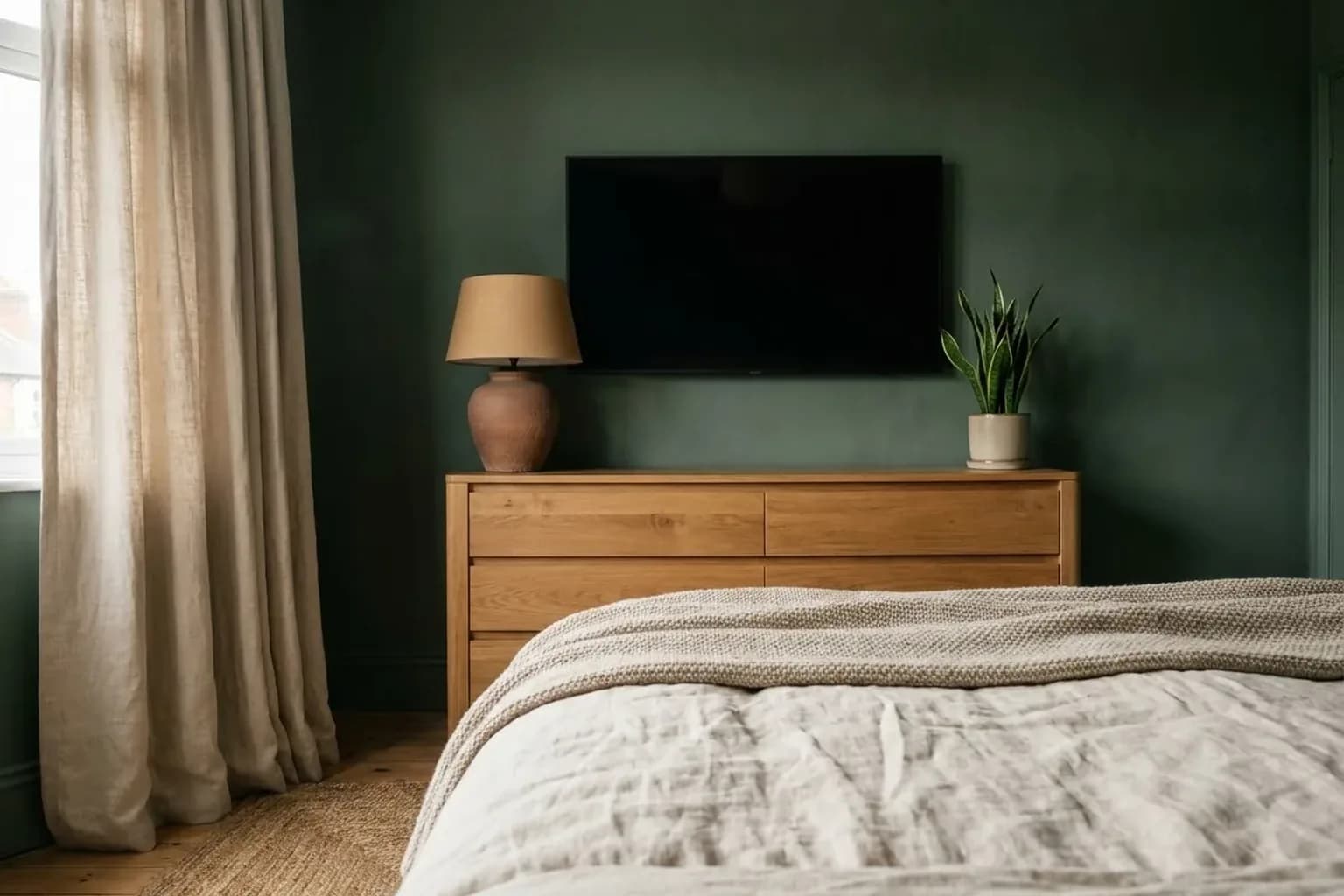 Bedroom seen from the bed: a wall-mounted television switched off with a plain black screen on a deep green painted wall above a low oak dresser, a ceramic lamp at one end of the dresser and a low plant at the other, a linen curtain at the side