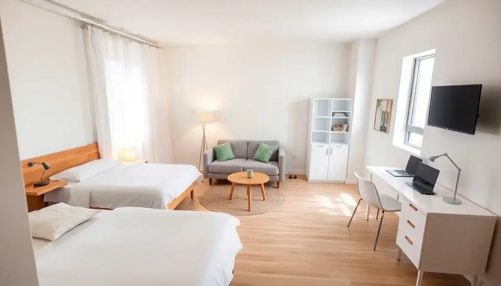 Final styled studio apartment showing distinct zones for sleeping, living, and working in one cohesive space