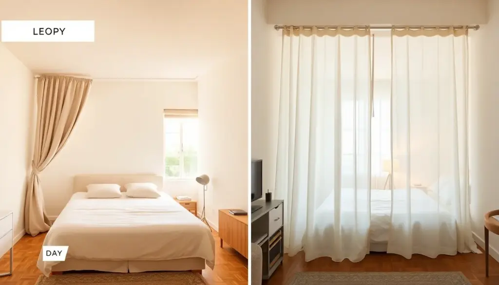 Studio apartment sleep zone separated by a ceiling-mounted curtain, shown open during daytime and closed at night