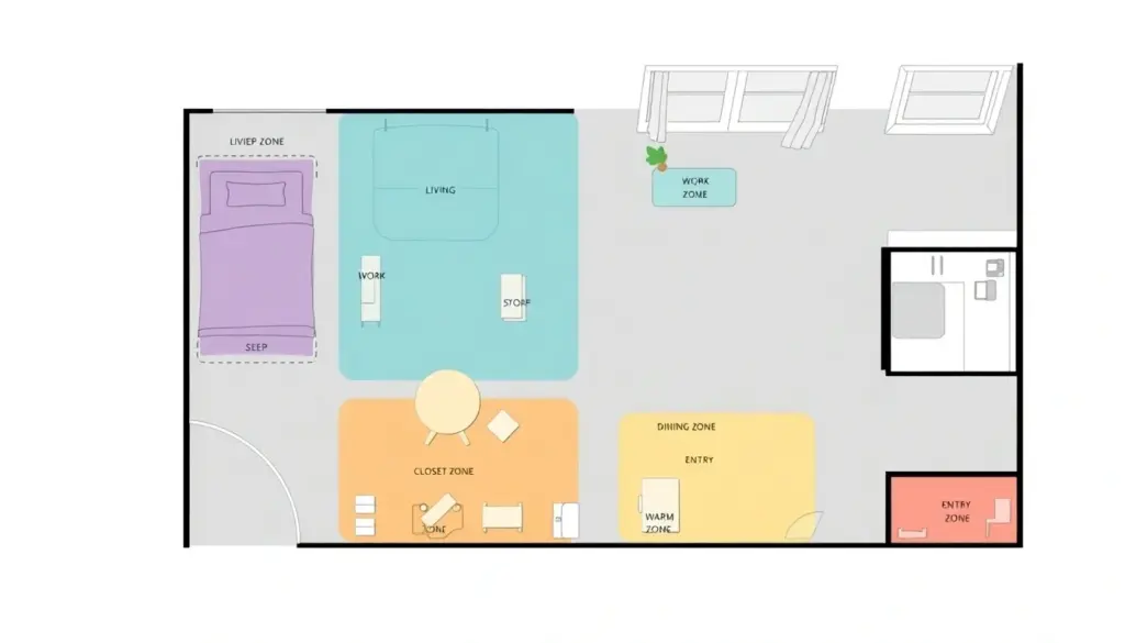 Annotated bird's-eye studio apartment floor plan showing all 10 zones with color-coded labels