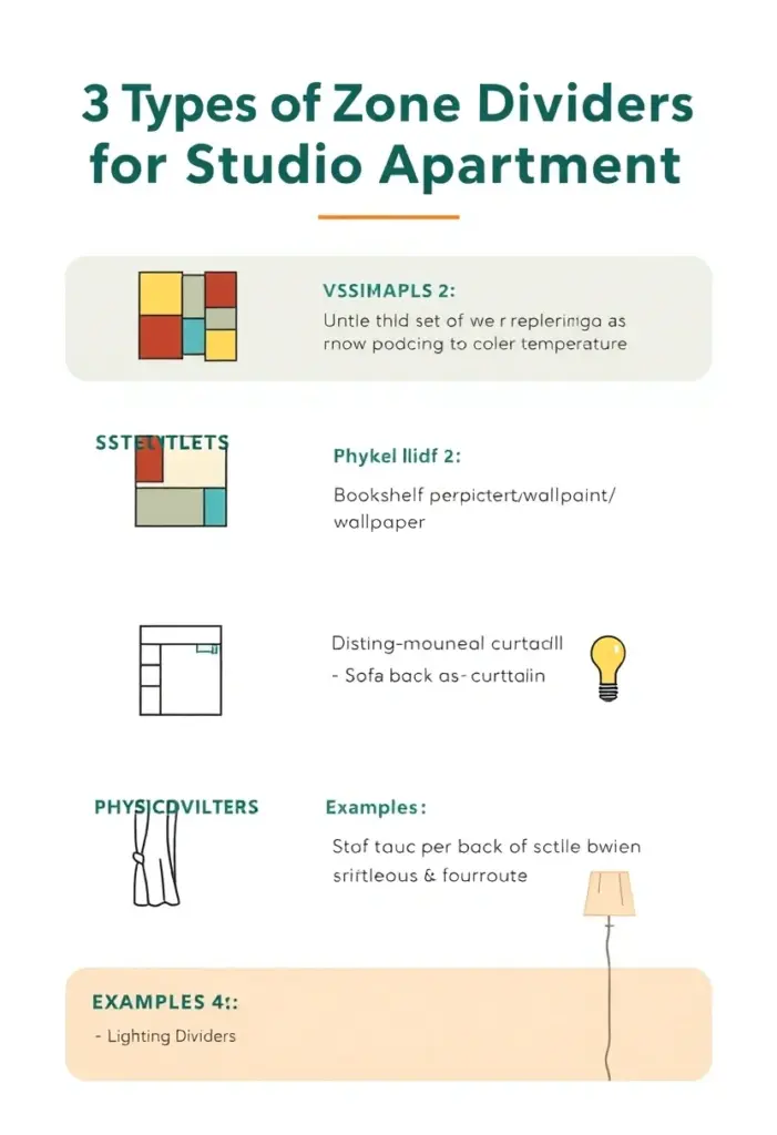 Infographic showing the 3 types of zone dividers: visual, physical, and lighting, with icons and examples