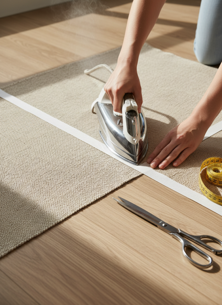Ironing a hem on a drop cloth curtain using hem tape