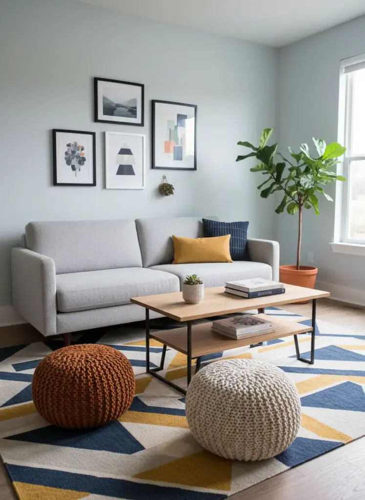 A small living room with a sofa floating on a patterned rug, a slim coffee table in the center, and two poufs placed nearby for versatile seating.