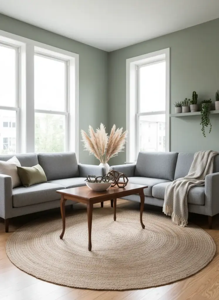 A small living room with two slim sofas facing each other, separated by a narrow table with a decorative centerpiece.