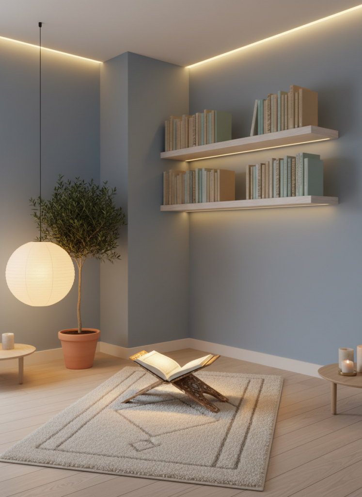 A wall decorated with Arabic calligraphy art, Ramadan banner, and DIY paper stars hanging from strings.