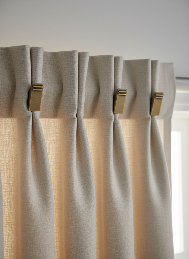  Curtain ring clips attached to faux linen drop cloth creating a pleat