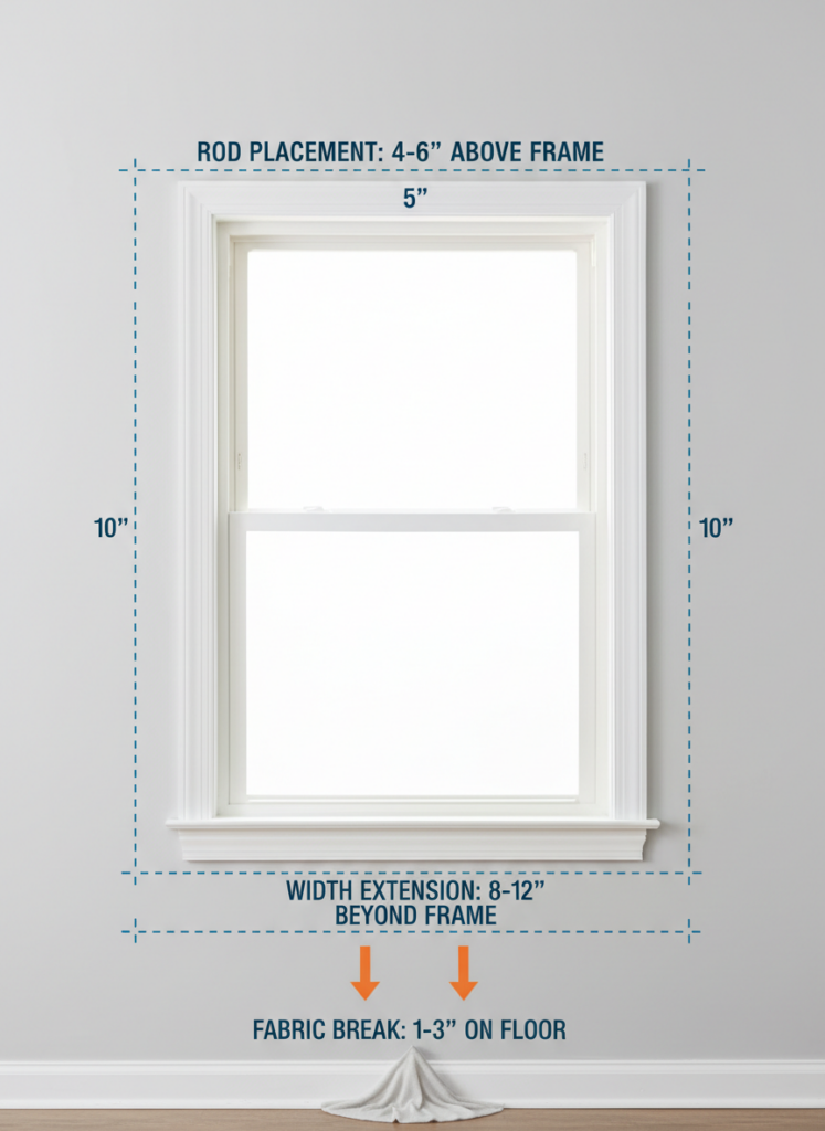 Diagram showing proper curtain rod height and width relative to window