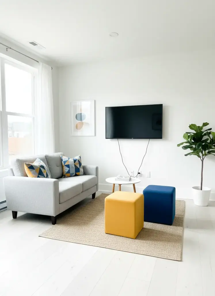  A small living room with a wall-mounted flat-screen TV, a compact loveseat facing it, and two colorful cube seats or stools neatly arranged. The room should feel bright and uncluttered, with minimalist decor and light-colored walls.