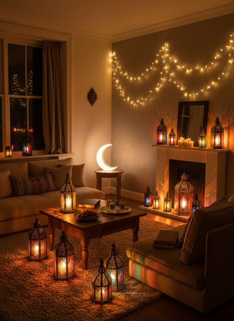 A cozy living room with Moroccan lanterns, fairy lights draped across the wall, and a glowing crescent moon lamp.